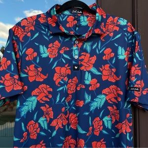 Bad Birdie McBloom Navy Blue with Red Floral Pattern Golf Polo L